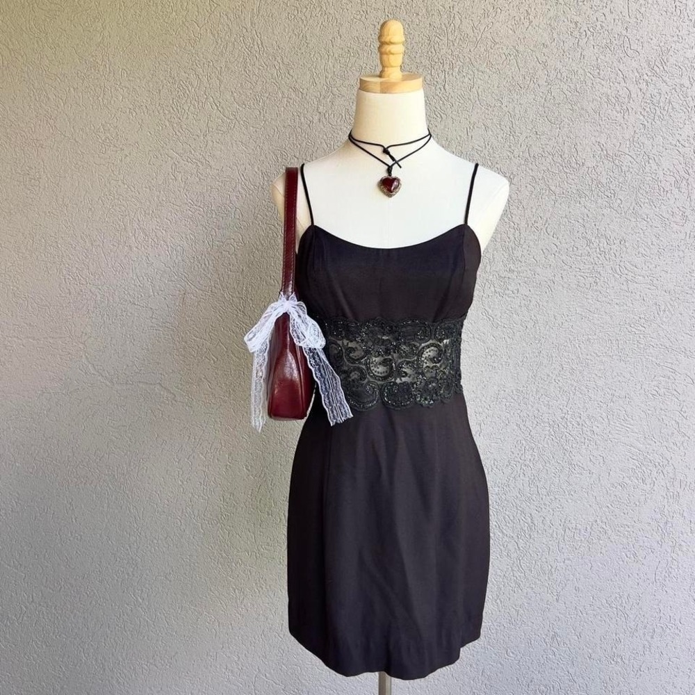 Vintage De‎ Laru Black Embellished Mini Dress Size Small Going Out Glam